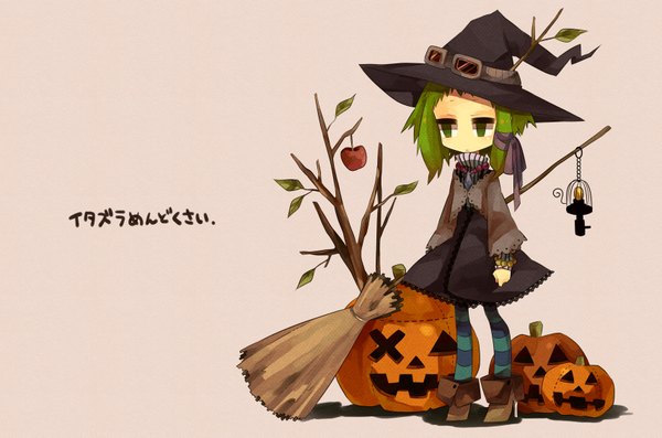 Anime picture 3421x2267 with vocaloid gumi haruka (fizz) highres short hair simple background green eyes absurdres green hair inscription shadow halloween witch girl ribbon (ribbons) plant (plants) hair ribbon hat pantyhose tree (trees)