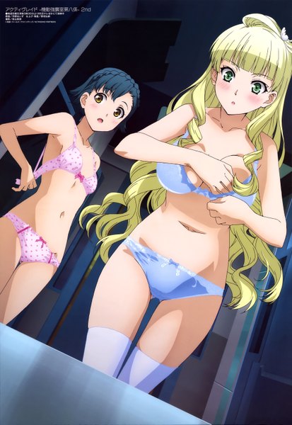 Anime picture 4087x5930 with active raid megami magazine emilia edelman kaburagi marimo nakano ruizu long hair tall image blush highres short hair open mouth light erotic blonde hair multiple girls green eyes blue hair absurdres braid (braids) official art underwear only