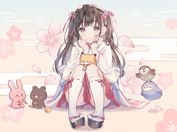 Anime picture 1371x1029 with original sencha (senta 10) single long hair looking at viewer fringe light erotic black hair smile sitting purple eyes full body bent knee (knees) traditional clothes japanese clothes wide sleeves loli two side up cherry blossoms convenient censoring
