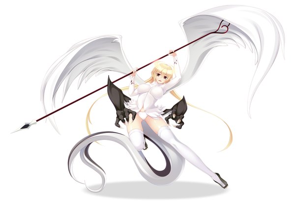 Anime picture 1800x1280 with original tebukuro single long hair highres light erotic simple background blonde hair red eyes white background tail girl thighhighs underwear panties weapon white thighhighs wings spear