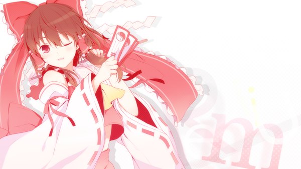 Anime picture 1920x1080 with touhou hakurei reimu 6u (eternal land) single long hair looking at viewer highres red eyes brown hair wide image one eye closed wink wallpaper miko girl gohei ofuda