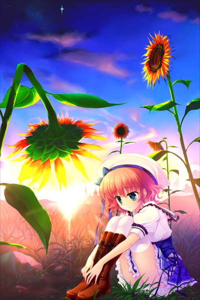 Anime picture 2402x3602 with yuyukana himezono risa mitha tall image highres short hair blue eyes sitting pink hair evening sunset girl thighhighs uniform school uniform white thighhighs boots beret sunflower