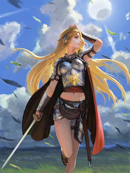 Anime picture 768x1024 with original xiaji single long hair tall image blue eyes blonde hair sky cloud (clouds) braid (braids) single braid girl weapon plant (plants) sword armor leaf (leaves) cape grass