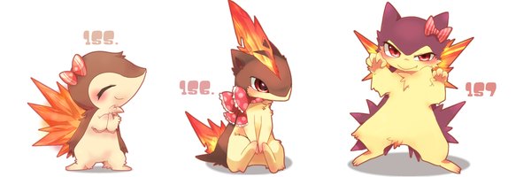 Anime picture 1500x500 with pokemon nintendo cyndaquil typhlosion quilava sira116 simple background smile wide image white background gen 2 pokemon pokemon number bow animal fire