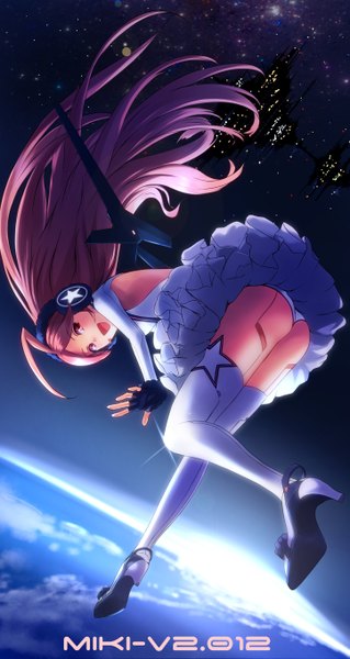 Anime picture 724x1361 with vocaloid miki (vocaloid) din (raiden) single long hair tall image looking at viewer open mouth light erotic pink hair ahoge inscription high heels turning head frilly skirt space girl gloves headphones fingerless gloves