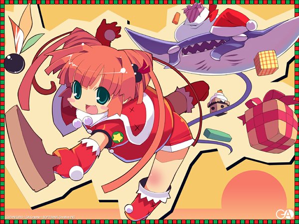 Anime picture 1024x768 with gagraphic magical rain chan zankuro single long hair fringe open mouth standing twintails aqua eyes orange hair standing on one leg christmas new year girl hat animal fish (fishes) gift santa claus hat