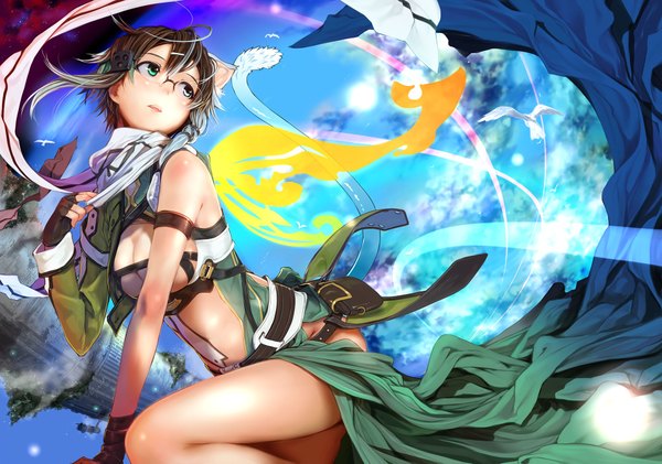 Anime picture 1920x1349 with sword art online a-1 pictures asada shino mikazuki akira fringe highres breasts light erotic hair between eyes brown hair large breasts green eyes animal ears looking away sky cleavage cloud (clouds) tail animal tail cat ears