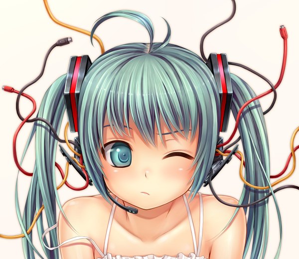 Anime picture 1500x1300 with vocaloid hatsune miku namaru (summer dandy) single long hair simple background white background twintails one eye closed aqua eyes wink aqua hair face girl headphones wire (wires)