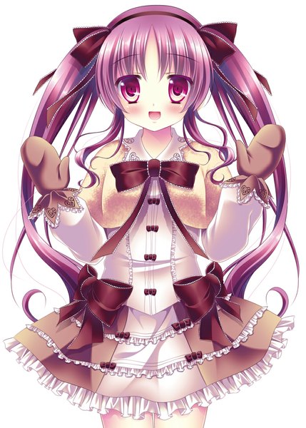 Anime picture 740x1035 with original mizuki yuuma single long hair tall image looking at viewer blush open mouth simple background smile red eyes white background twintails purple hair girl dress bow ribbon (ribbons) hair ribbon hairband