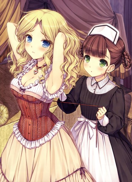 Anime picture 2954x4071 with original sayori long hair tall image looking at viewer blush fringe highres breasts blue eyes standing multiple girls green eyes cleavage braid (braids) one eye closed wink arms up maid twin braids