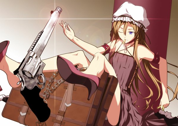 Anime picture 1000x707 with original yoshida takuma long hair blue eyes brown hair one eye closed wink legs girl dress weapon shoes gun chain bonnet suitcase