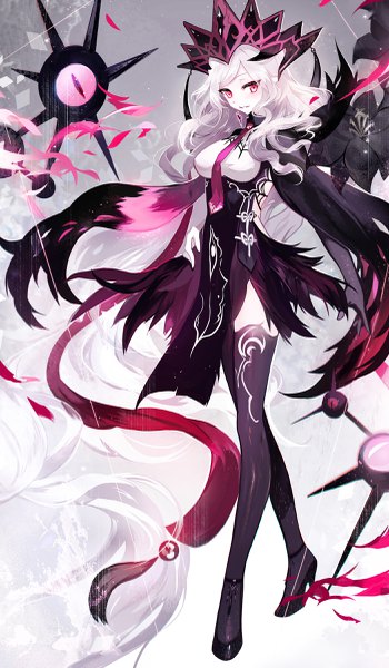 Anime picture 1400x2395 with original juexing (moemoe3345) single long hair tall image looking at viewer standing full body white hair pink eyes high heels gradient background wavy hair eyes in odd places girl thighhighs dress flower (flowers) black thighhighs petals