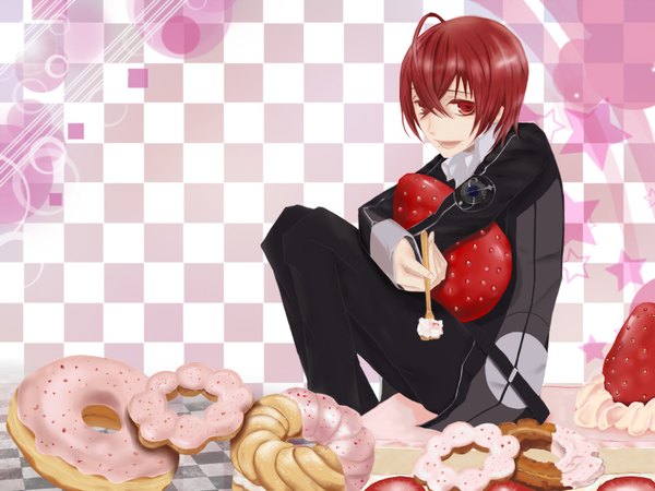 Anime picture 1600x1200 with starry sky yoh tomoe single looking at viewer fringe short hair open mouth hair between eyes red eyes sitting ahoge red hair checkered floor checkered background boy food belt star (symbol) berry (berries) strawberry