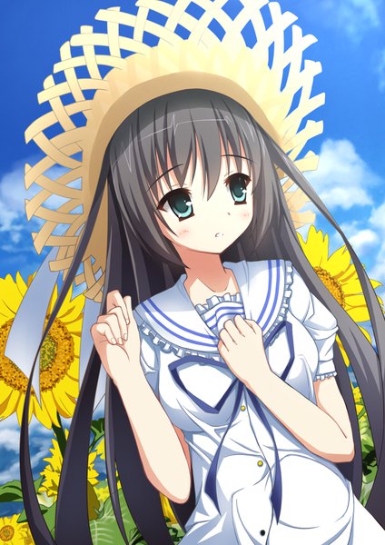 Anime picture 707x1000 with natsuzora kanata kousaka chihaya suzuame yatsumi single long hair tall image fringe hair between eyes green eyes looking away sky cloud (clouds) parted lips grey hair girl flower (flowers) hat frills straw hat sunflower