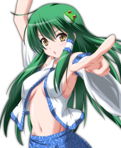 Anime picture 1034x1264 with touhou kochiya sanae nori tamago single long hair tall image light erotic yellow eyes green hair open clothes girl detached sleeves hair tubes frog