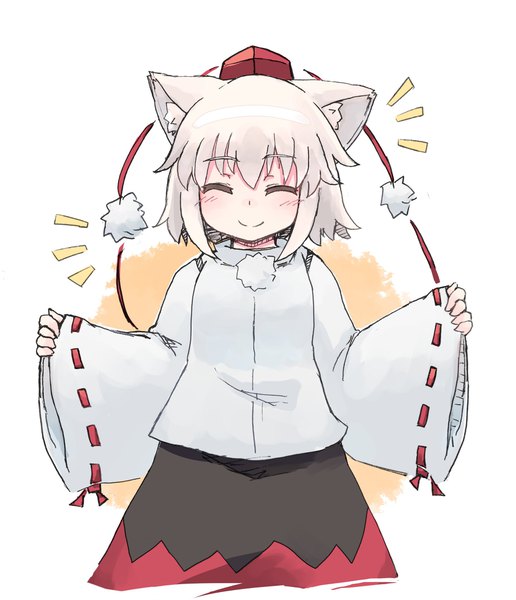 Anime picture 1895x2203 with touhou inubashiri momiji kibisake single tall image highres short hair simple background smile white background animal ears white hair eyes closed traditional clothes japanese clothes spread arms ^ ^ wolf ears girl pom pom (clothes)