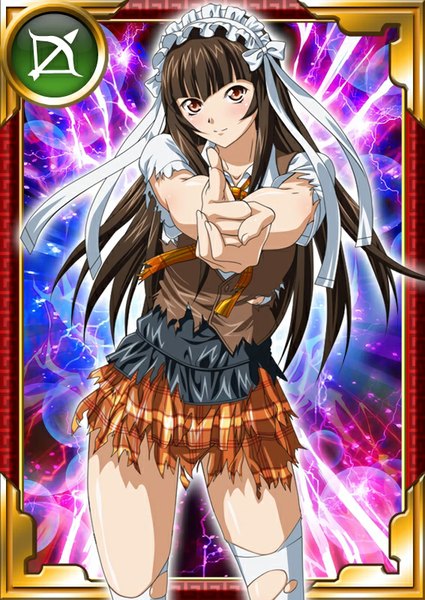 Anime picture 567x800 with ikkitousen teni single long hair tall image looking at viewer brown hair brown eyes torn clothes card (medium) girl thighhighs skirt ribbon (ribbons) white thighhighs torn thighhighs