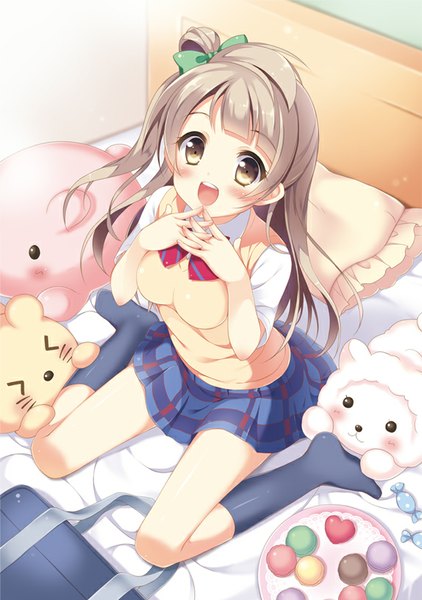 Anime picture 574x815 with love live! school idol project sunrise (studio) love live! minami kotori pan (mimi) long hair tall image blush open mouth brown hair brown eyes :d pleated skirt one side up girl skirt uniform bow hair bow school uniform