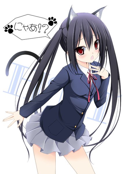 Anime picture 707x1000 with k-on! kyoto animation nakano azusa tomosuke single long hair tall image blush open mouth black hair red eyes twintails animal ears tail animal tail cat ears cat girl cat tail girl skirt