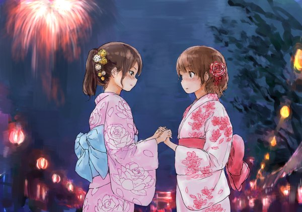 Anime picture 1419x1000 with original syou long hair blush short hair brown hair multiple girls brown eyes outdoors ponytail long sleeves traditional clothes japanese clothes night wide sleeves night sky floral print holding hands face to face fireworks