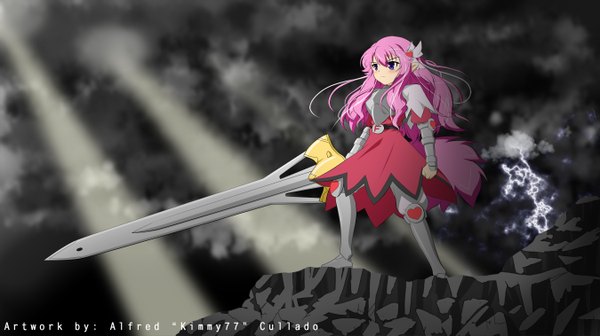 Anime picture 2700x1514 with baka to test to shoukanjuu silver link himeji mizuki highres wide image purple eyes pink hair cloud (clouds) girl weapon sword armor