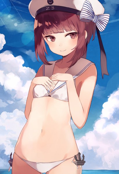 Anime picture 800x1173 with kantai collection z3 destroyer (max schultz) shugao single tall image blush short hair light erotic brown hair brown eyes looking away sky cloud (clouds) light smile bare belly character names lens flare hand on chest striped hands clasped