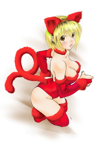 Anime picture 1031x1500 with original tyno single tall image blush short hair breasts light erotic simple background blonde hair white background bare shoulders animal ears tail animal tail lips cat ears cat tail orange eyes girl