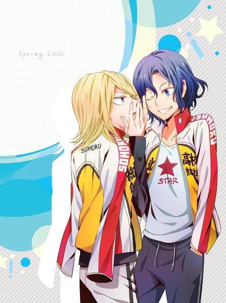 Anime picture 749x1000 with yowamushi pedal teshima junta aoyagi hajime kushimori tall image short hair blue eyes blonde hair smile blue hair looking away profile one eye closed multiple boys hand in pocket clothes on shoulders star print 2015 boy uniform