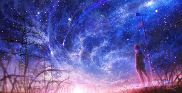 Anime picture 1600x822 with original valentina remenar single short hair brown hair wide image signed looking away sunlight from below lens flare scenic clothes writing shooting star morning sunrise boy plant (plants) hood star (stars)