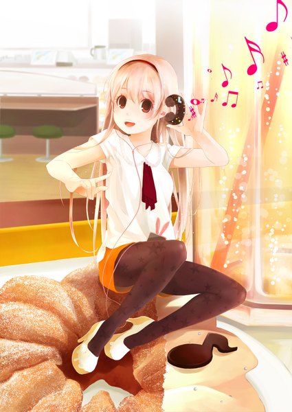 Anime picture 1254x1771 with original ahira yuzu single long hair tall image open mouth blonde hair red eyes star print girl pantyhose food headphones star (symbol) musical note doughnut