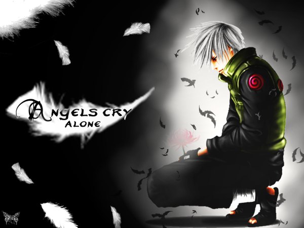 Anime picture 1280x960 with naruto studio pierrot naruto (series) hatake kakashi single short hair white hair inscription black background squat boy gloves fingerless gloves feather (feathers) vest