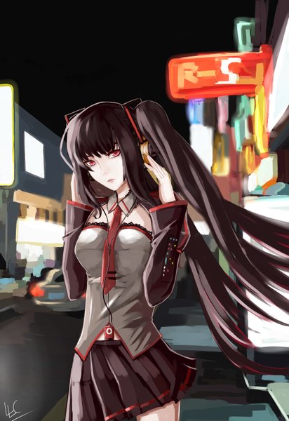 Anime picture 2031x2952 with vocaloid zatsune miku liuli (llc) single long hair tall image highres black hair red eyes twintails girl detached sleeves necktie headphones ground vehicle car digital media player