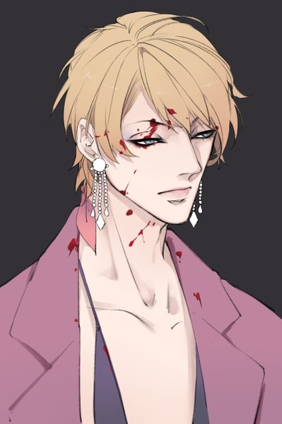 Anime picture 1650x2480 with real life laganja estranja jay jackson later (chiyating) single tall image fringe simple background blonde hair looking away lips grey background eyebrows expressionless blood stains boy earrings blood