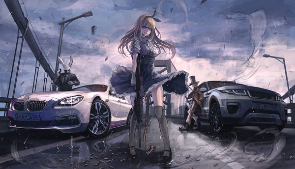 Anime picture 1910x1098 with alice in wonderland bmw land rover alice (wonderland) mad hatter march hare koh (minagi kou) long hair looking at viewer fringe highres light erotic blonde hair smile wide image standing brown eyes animal ears sky cloud (clouds)