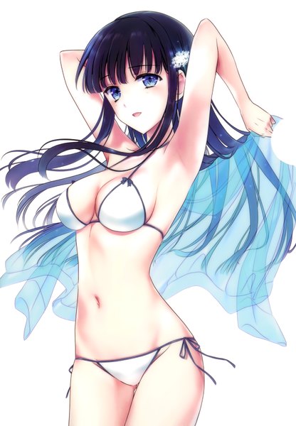 Anime picture 2468x3561 with mahouka koukou no rettousei shiba miyuki single long hair tall image looking at viewer fringe highres breasts open mouth blue eyes light erotic black hair simple background smile standing white background blunt bangs scan arms up