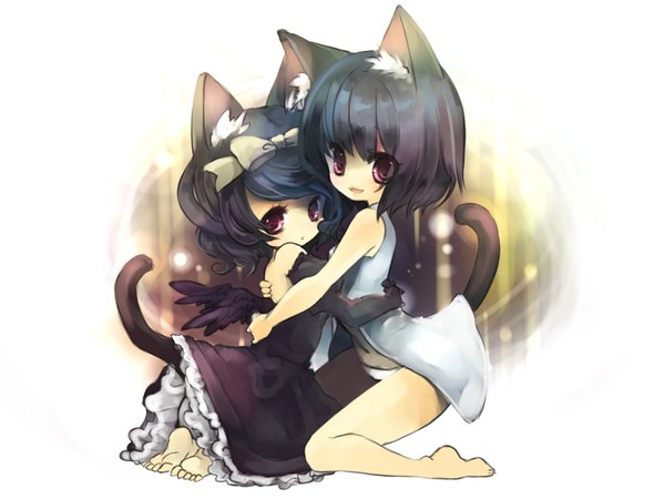 Anime picture 1600x1200 with original himehimeko highres animal ears tail barefoot cat ears cat tail hug wings