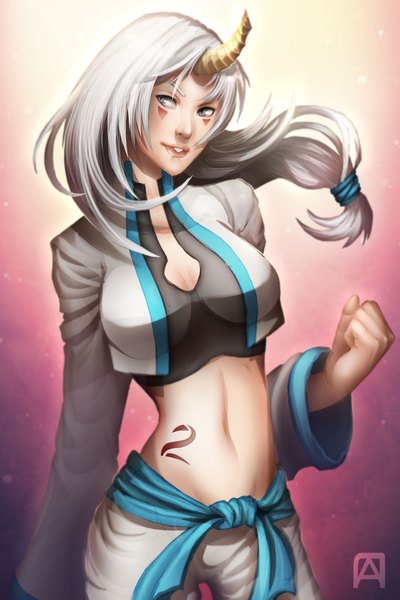 Anime picture 1463x2195 with original pechan (artist) single long hair tall image breasts looking away white hair horn (horns) bare belly midriff grey eyes tattoo girl