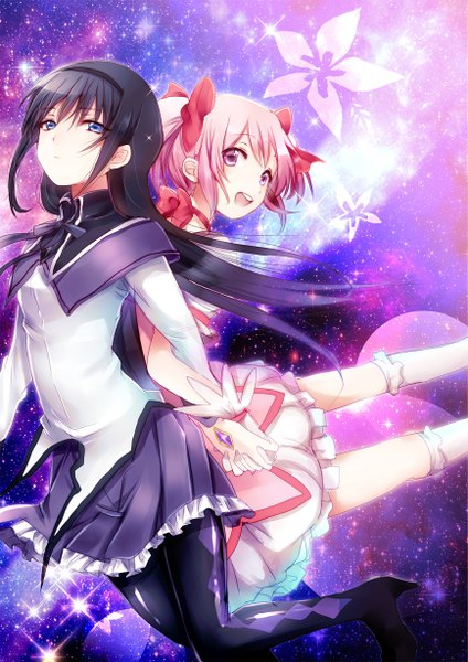 Anime picture 868x1228 with mahou shoujo madoka magica shaft (studio) akemi homura kaname madoka unabara mizumi long hair tall image looking at viewer fringe open mouth blue eyes black hair purple eyes twintails multiple girls pink hair pleated skirt high heels holding hands short twintails