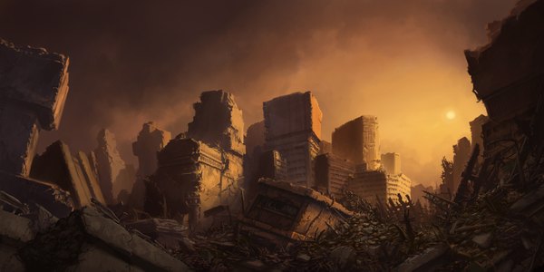 Anime picture 1418x709 with kyomu (artist) wide image city evening sunset ruins panorama post-apocalyptic