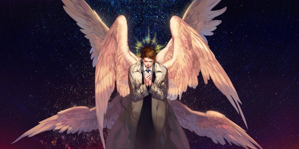 Anime picture 1400x700 with supernatural: the animation castiel siruphial single short hair brown hair wide image eyes closed angel wings hands clasped angel boy wings necktie halo coat