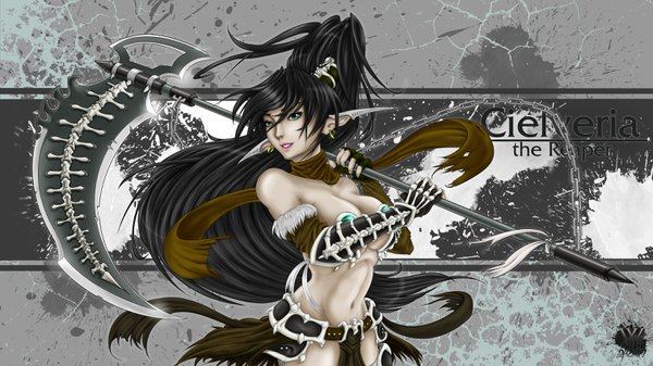 Anime picture 3020x1700 with original william hellpride single looking at viewer highres breasts light erotic black hair wide image large breasts green eyes signed ponytail very long hair pointy ears grey background wallpaper lipstick turning head covered nipples