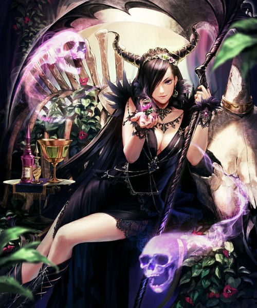 Anime picture 667x800 with kamigoku no valhalla gate suda ayaka long hair tall image fringe breasts light erotic black hair large breasts sitting purple eyes bare shoulders bent knee (knees) hair flower horn (horns) hair over one eye outstretched arm magic demon girl ghost