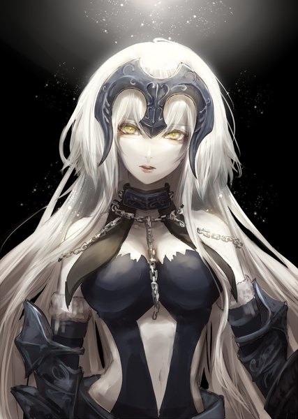Anime picture 600x843 with fate (series) fate/grand order jeanne d'arc (fate) (all) jeanne d'arc alter (fate) jeanne d'arc alter (avenger) (third ascension) (fate) rokuri-eva single long hair tall image looking at viewer fringe breasts open mouth simple background hair between eyes large breasts bare shoulders yellow eyes payot upper body