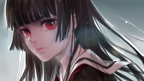 Anime picture 1920x1080 with hell girl studio deen enma ai qidai single long hair looking at viewer fringe highres black hair simple background red eyes wide image payot upper body blunt bangs grey background backlighting hime cut girl