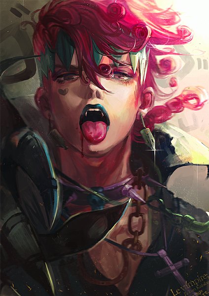 Anime picture 720x1018 with jojo no kimyou na bouken kishibe rohan oreki genya single tall image short hair open mouth brown eyes signed pink hair teeth fang (fangs) face paint vampire boy earrings heart tongue blood chain