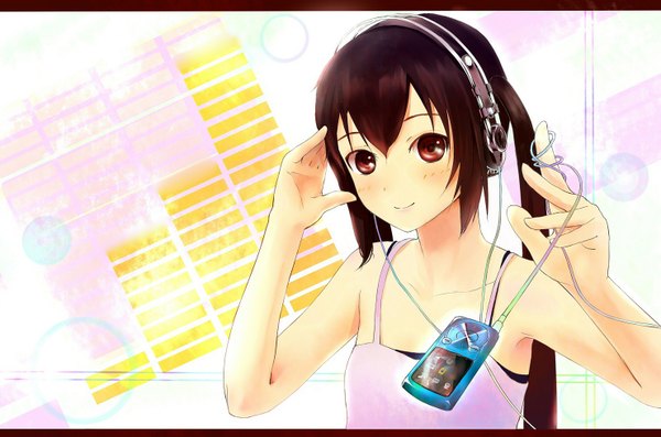 Anime picture 1480x980 with k-on! kyoto animation nakano azusa single long hair blush brown hair twintails brown eyes light smile girl headphones phone digital media player