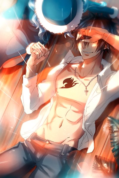 Anime picture 872x1300 with fairy tail gray fullbuster juvia lockser kristallin-f (artist) long hair tall image short hair light erotic black hair smile blue hair black eyes open clothes tattoo open shirt couple holding hands rain muscle girl