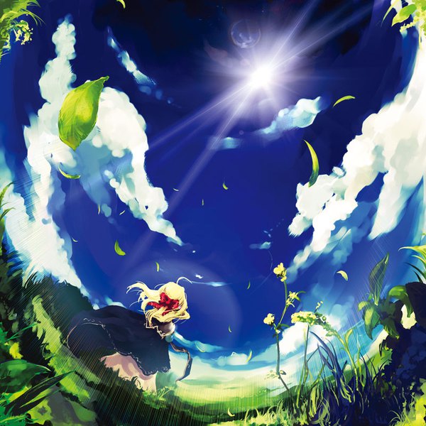 Anime picture 800x800 with original tokiame single blonde hair standing sky cloud (clouds) ahoge wind from behind sunlight from below lens flare girl dress bow plant (plants) hair bow armor leaf (leaves)