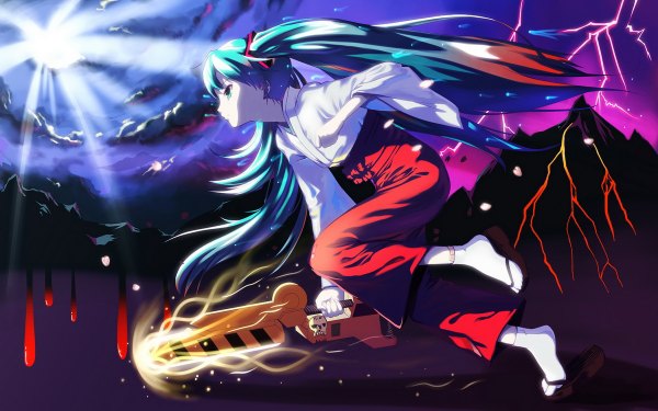Anime picture 1200x750 with vocaloid hatsune miku cg~~lolita single wide image twintails very long hair traditional clothes profile aqua hair mountain miko girl weapon