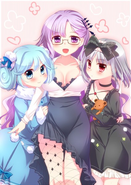Anime picture 1074x1517 with fantasista doll akari (fantasista doll) madeleine (fantasista doll) katia (fantasista doll) alfred tall image blush short hair open mouth blue eyes smile red eyes purple eyes multiple girls blue hair purple hair silver hair girl dress bow
